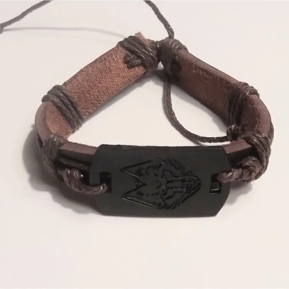 Men's leather bracelet‎ wolf layered brown New c9